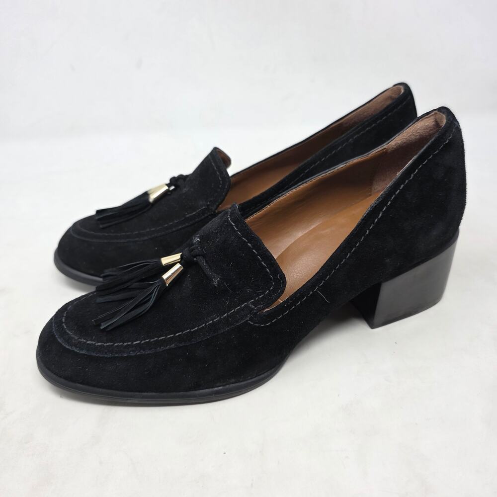 Naturalizer Trixie Size 9 Slip On Loafer Heels Black Suede Gold Tassel